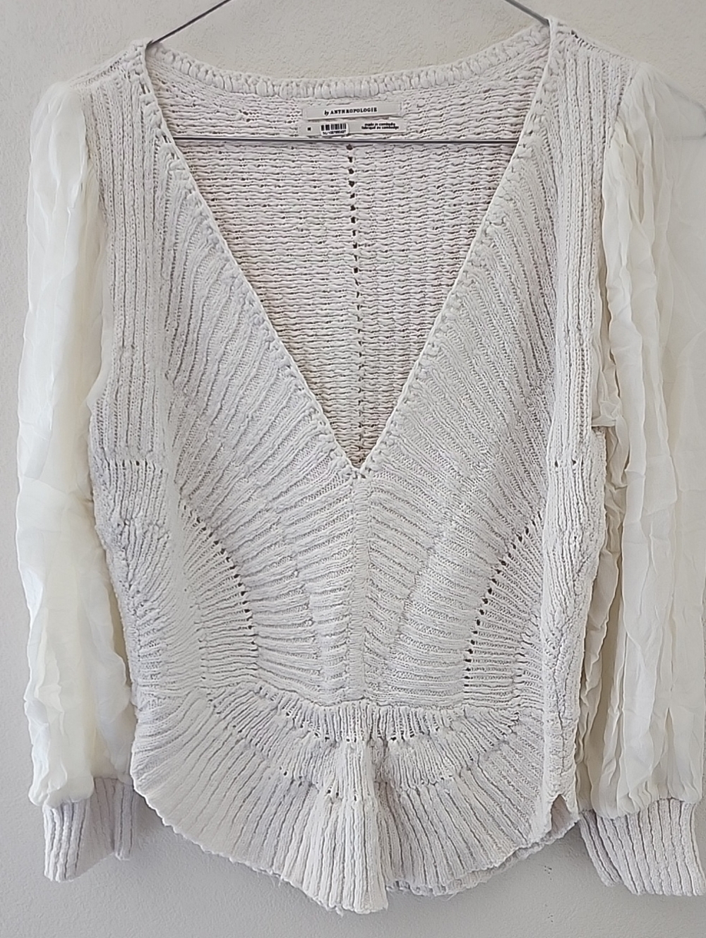 Anthropologie Sheer Long Sleeve V-Neck Bohemian Cotton Knit Sweater Size Medium